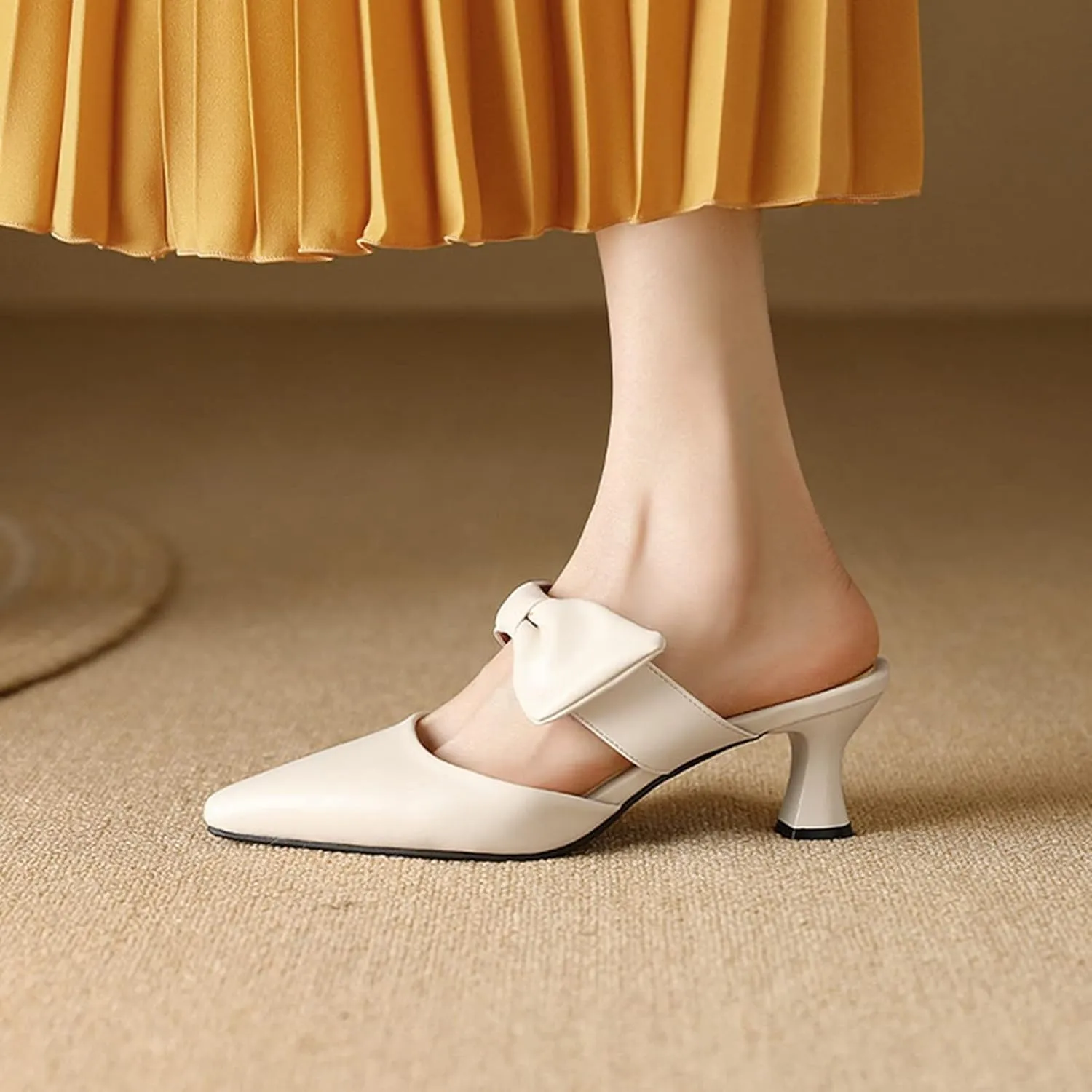 Womens Pointed Toe Bow Mules Mid Heel Slip On Backless Kitten Chunky Heel Comfy Slide Mule Shoes