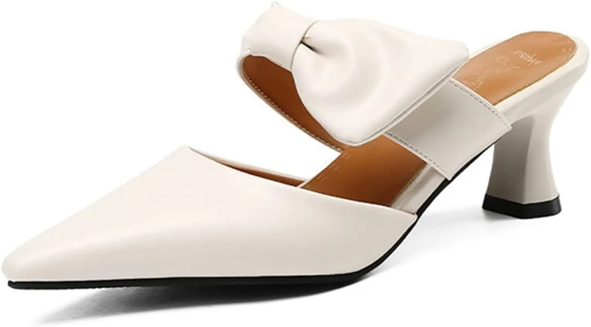 Womens Pointed Toe Bow Mules Mid Heel Slip On Backless Kitten Chunky Heel Comfy Slide Mule Shoes