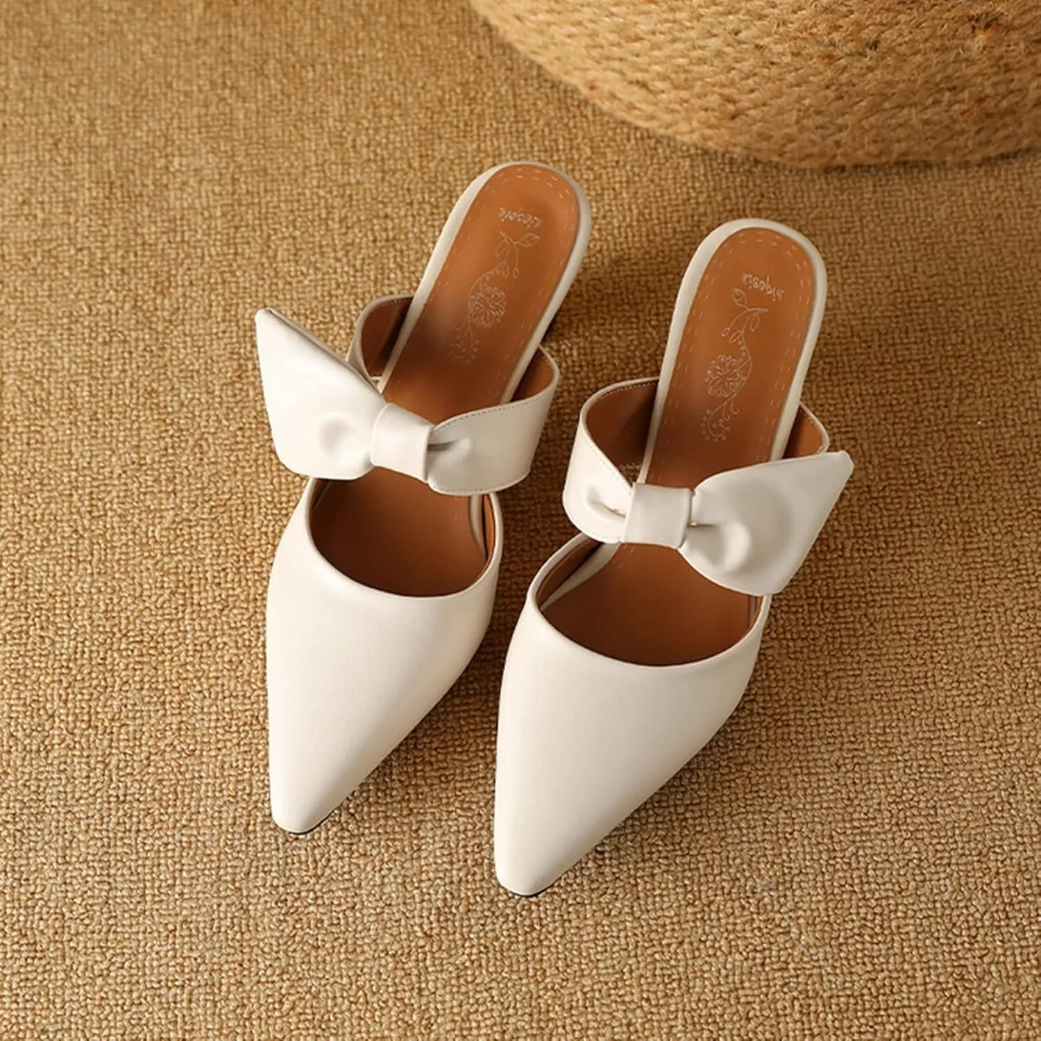 Womens Pointed Toe Bow Mules Mid Heel Slip On Backless Kitten Chunky Heel Comfy Slide Mule Shoes