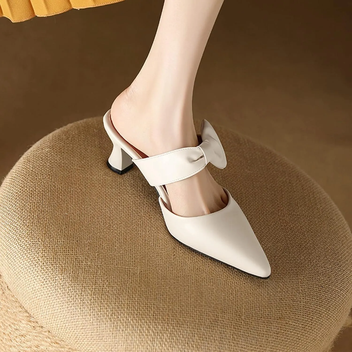 Womens Pointed Toe Bow Mules Mid Heel Slip On Backless Kitten Chunky Heel Comfy Slide Mule Shoes