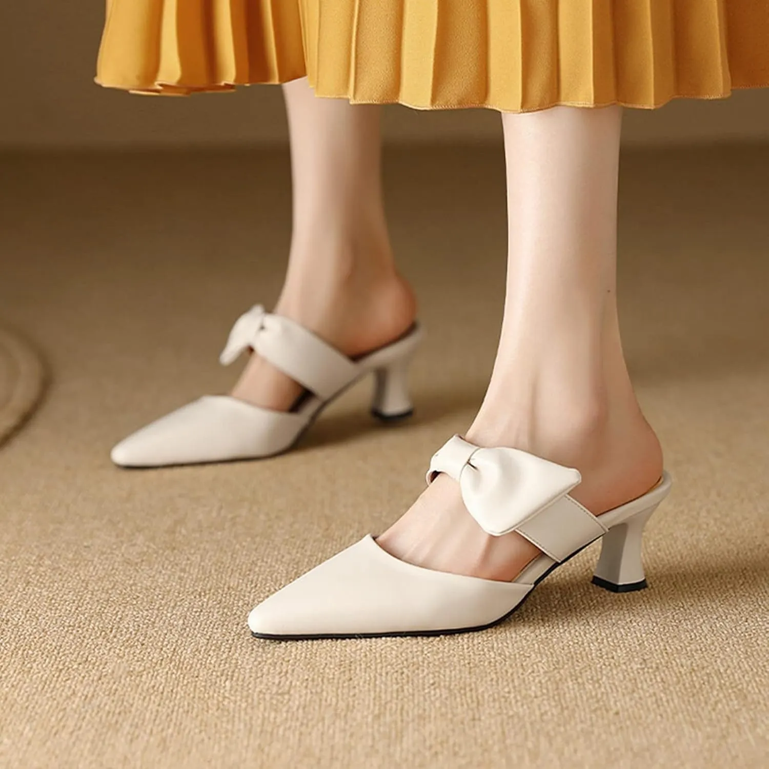 Womens Pointed Toe Bow Mules Mid Heel Slip On Backless Kitten Chunky Heel Comfy Slide Mule Shoes