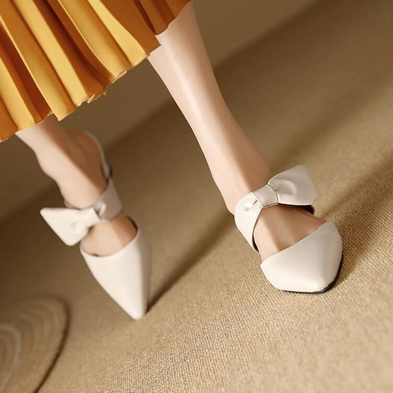 Womens Pointed Toe Bow Mules Mid Heel Slip On Backless Kitten Chunky Heel Comfy Slide Mule Shoes