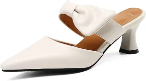 Womens Pointed Toe Bow Mules Mid Heel Slip On Backless Kitten Chunky Heel Comfy Slide Mule Shoes