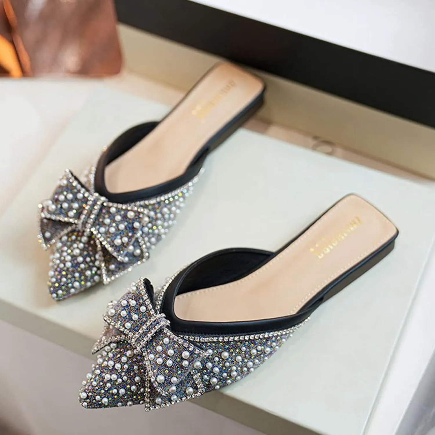 Women's Pointed Toe Mules Slip On Pearl Rhinestones Fashion Comfortable Backless Slides Dress Flats