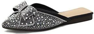Women's Pointed Toe Mules Slip On Pearl Rhinestones Fashion Comfortable Backless Slides Dress Flats
