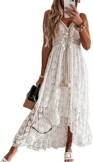 Women's Spaghetti Strap Deep V Neck Lace Hem Maxi Dresses Sleeveless Backless Boho Tassel Beach Ruffle Swing Dresses