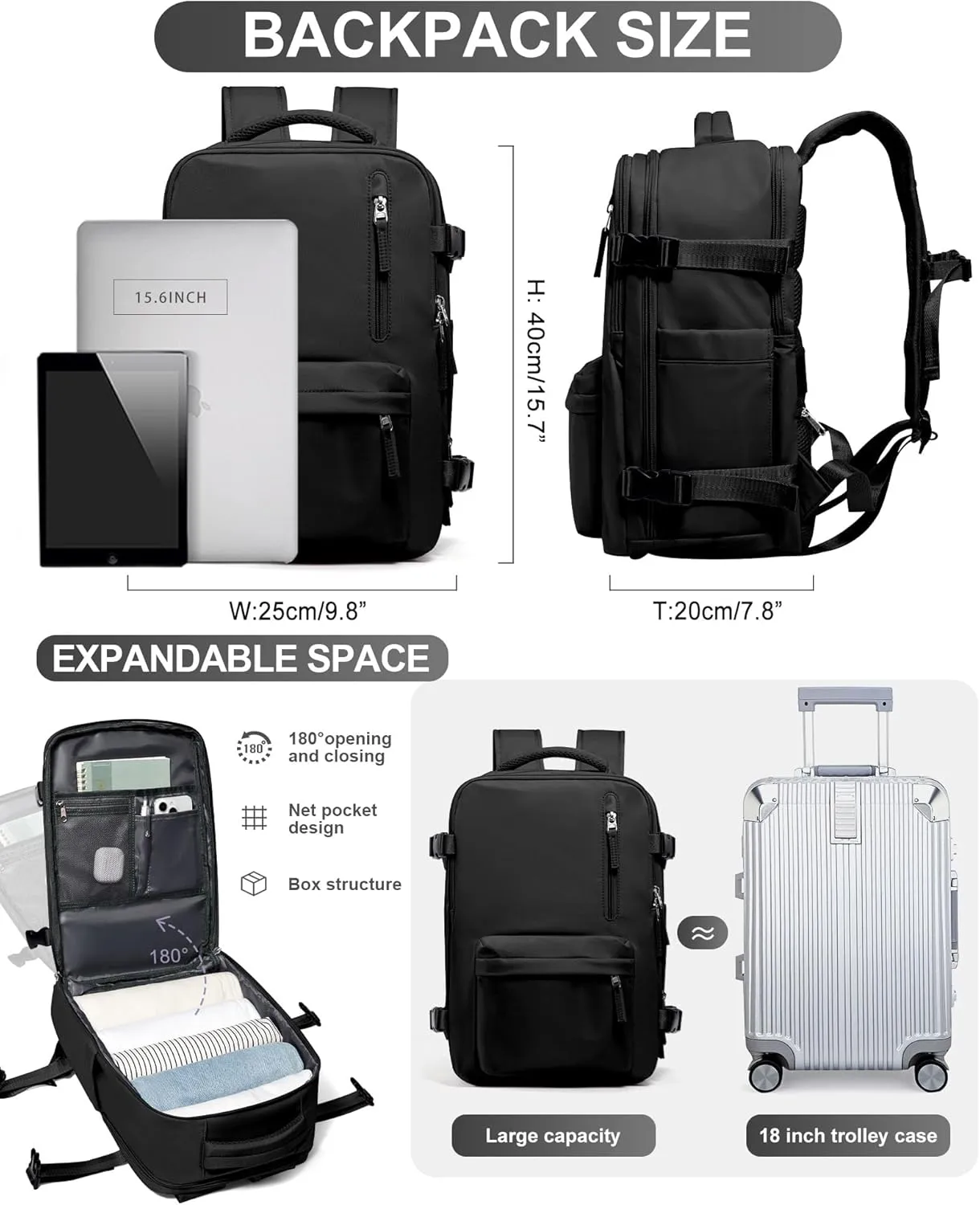 WONHOX Large Travel Backpack Carry on Flight Approved Laptop Work Business Backpack for Women Men Mochila de Viaje