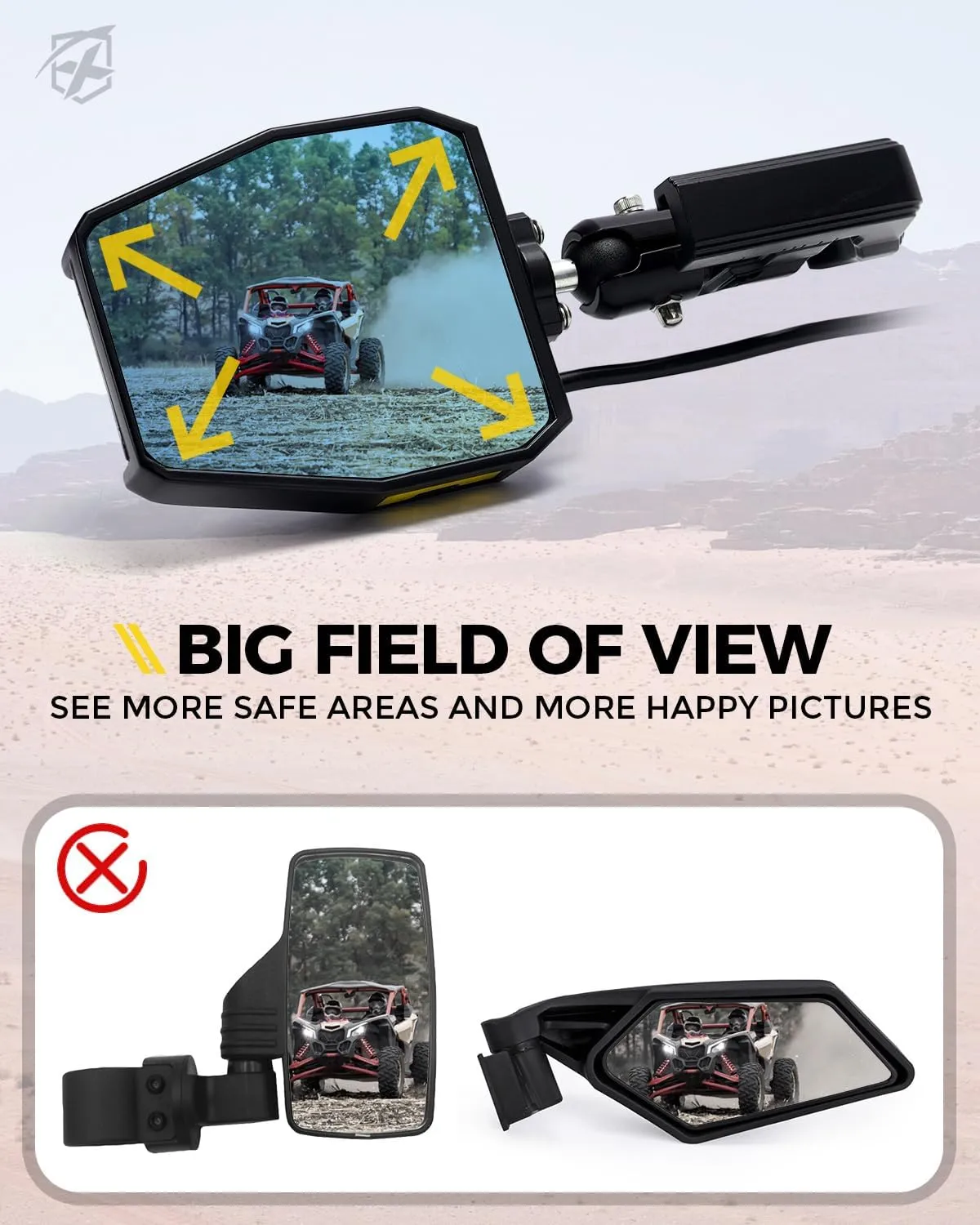 Xprite UTV Side Mirrors with Red Sport Light and Puddle Lights, Hunting Light Compatible with 1.75"-2 Inch Roll Cage Bar for Polaris RZR Pioneer, SXS, Can-Am, Kawasaki Teryx Mule, Yamaha