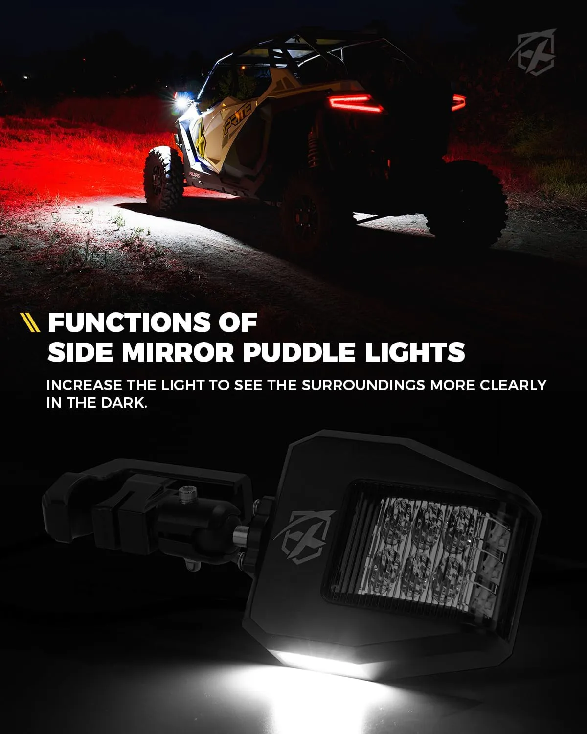 Xprite UTV Side Mirrors with Red Sport Light and Puddle Lights, Hunting Light Compatible with 1.75"-2 Inch Roll Cage Bar for Polaris RZR Pioneer, SXS, Can-Am, Kawasaki Teryx Mule, Yamaha