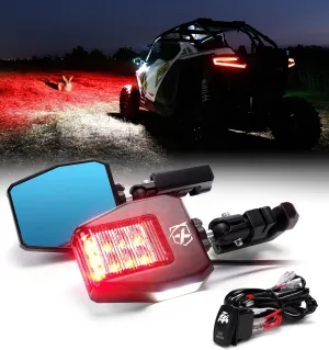 Xprite UTV Side Mirrors with Red Sport Light and Puddle Lights, Hunting Light Compatible with 1.75"-2 Inch Roll Cage Bar for Polaris RZR Pioneer, SXS, Can-Am, Kawasaki Teryx Mule, Yamaha
