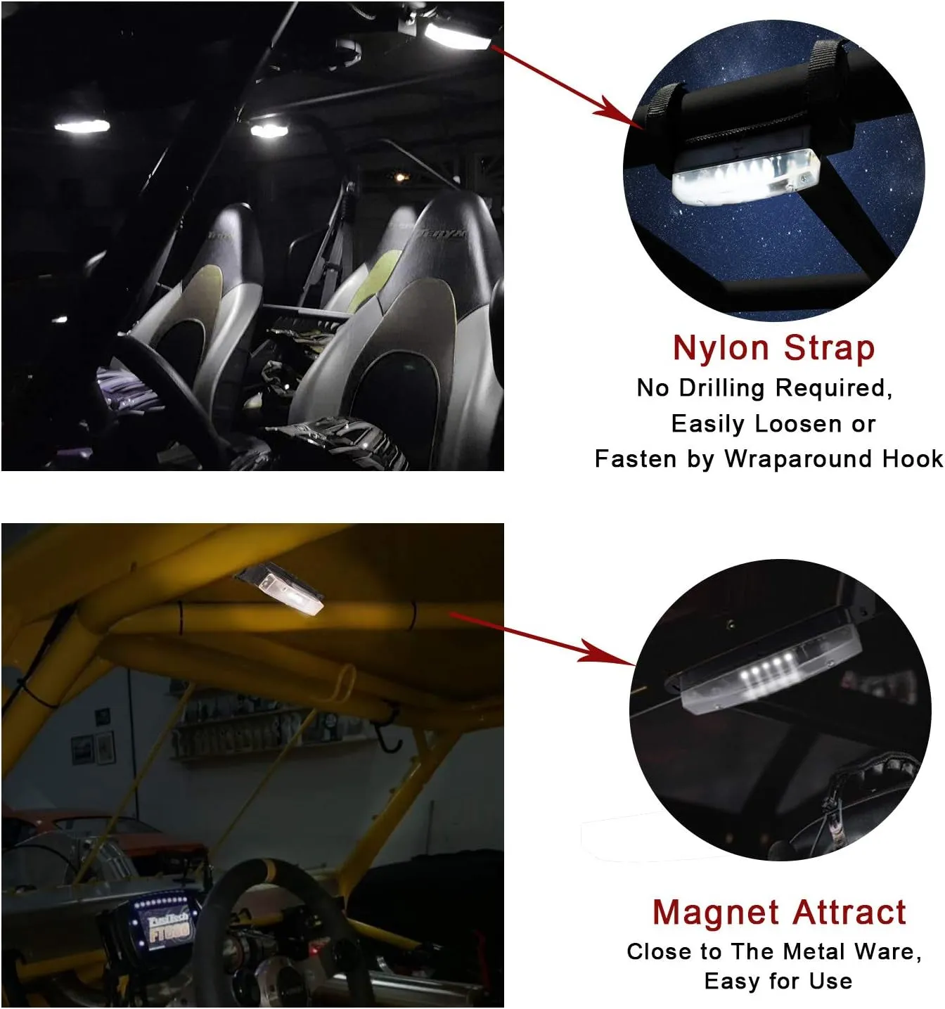 YCHOW-TECH UTV Dome Light Universal Roll Bar Lights w/Magnetic, Rechargeable Interior Light for Polaris Canam Pioneer/Talon Kawasaki Mule/Teryx Arctic Jeep Wrangle