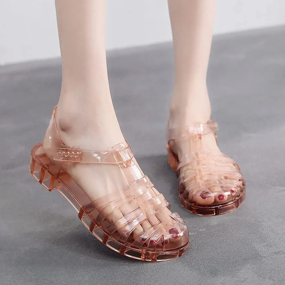 Yehopere Women's Jelly Sandals Retro T-Strap Glitter Flats Summer Beach Water Rain Shoes