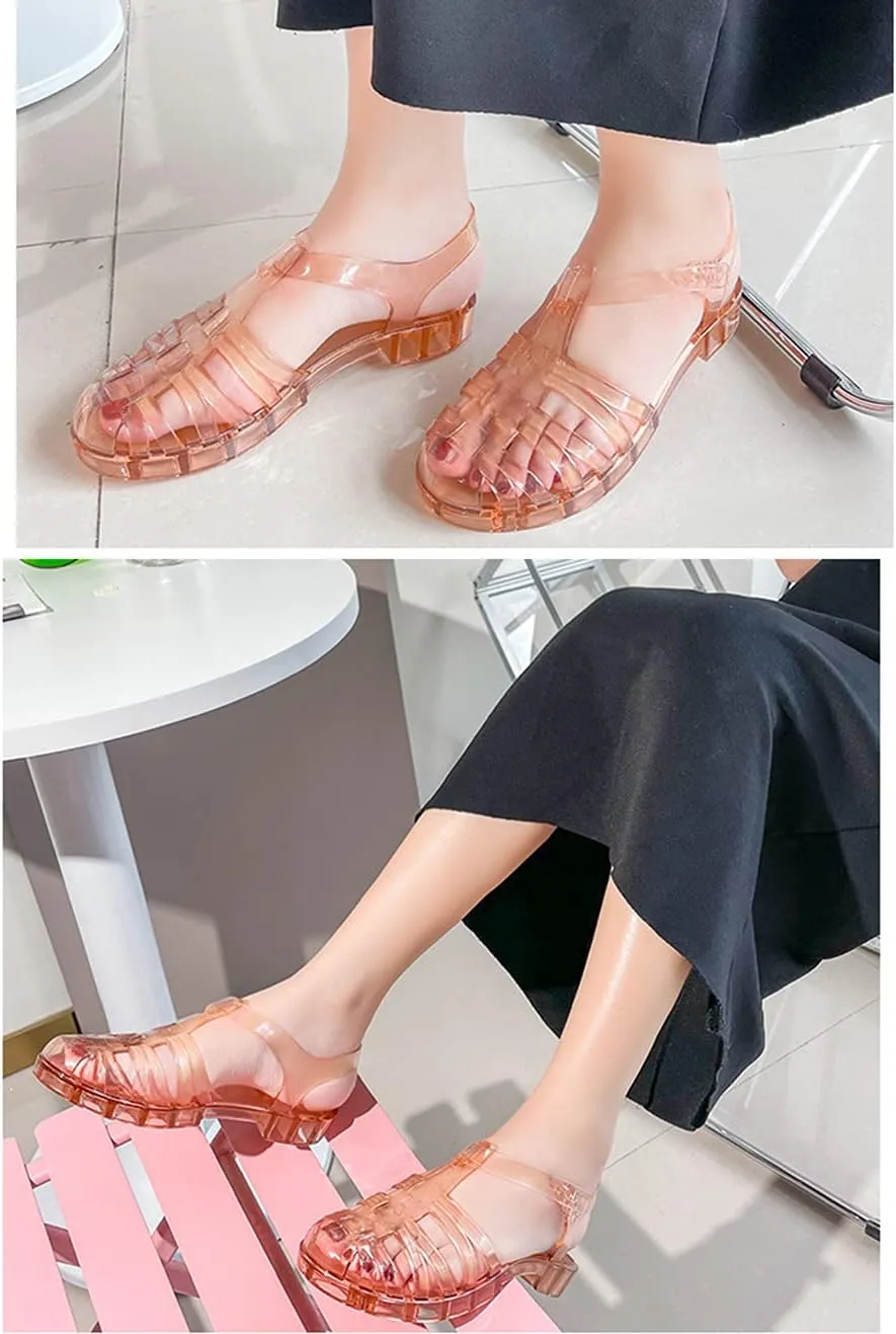 Yehopere Women's Jelly Sandals Retro T-Strap Glitter Flats Summer Beach Water Rain Shoes
