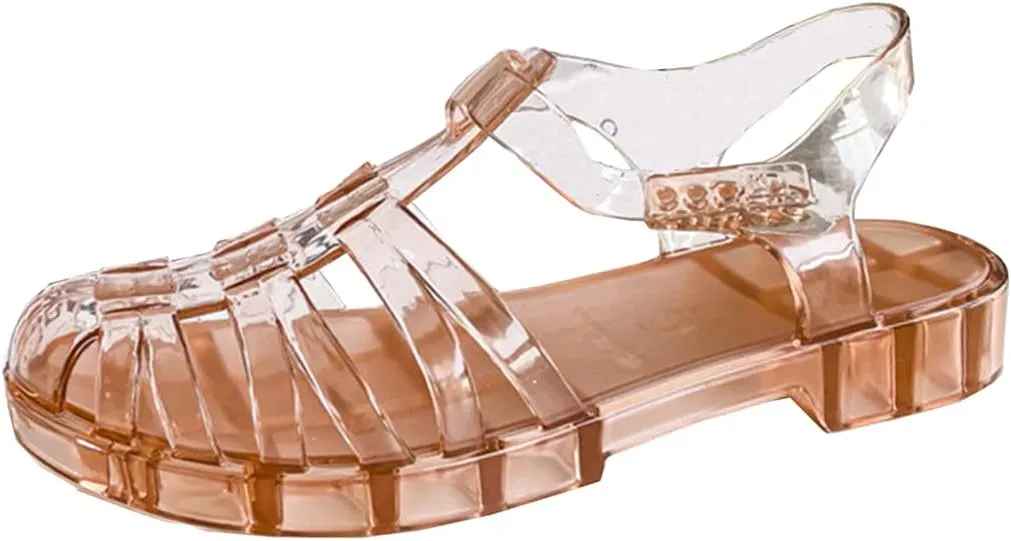 Yehopere Women's Jelly Sandals Retro T-Strap Glitter Flats Summer Beach Water Rain Shoes