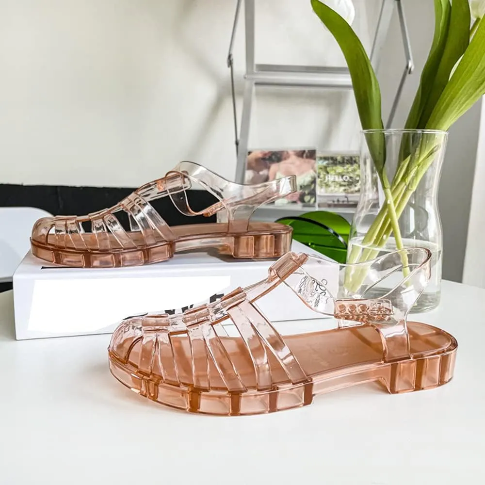 Yehopere Women's Jelly Sandals Retro T-Strap Glitter Flats Summer Beach Water Rain Shoes