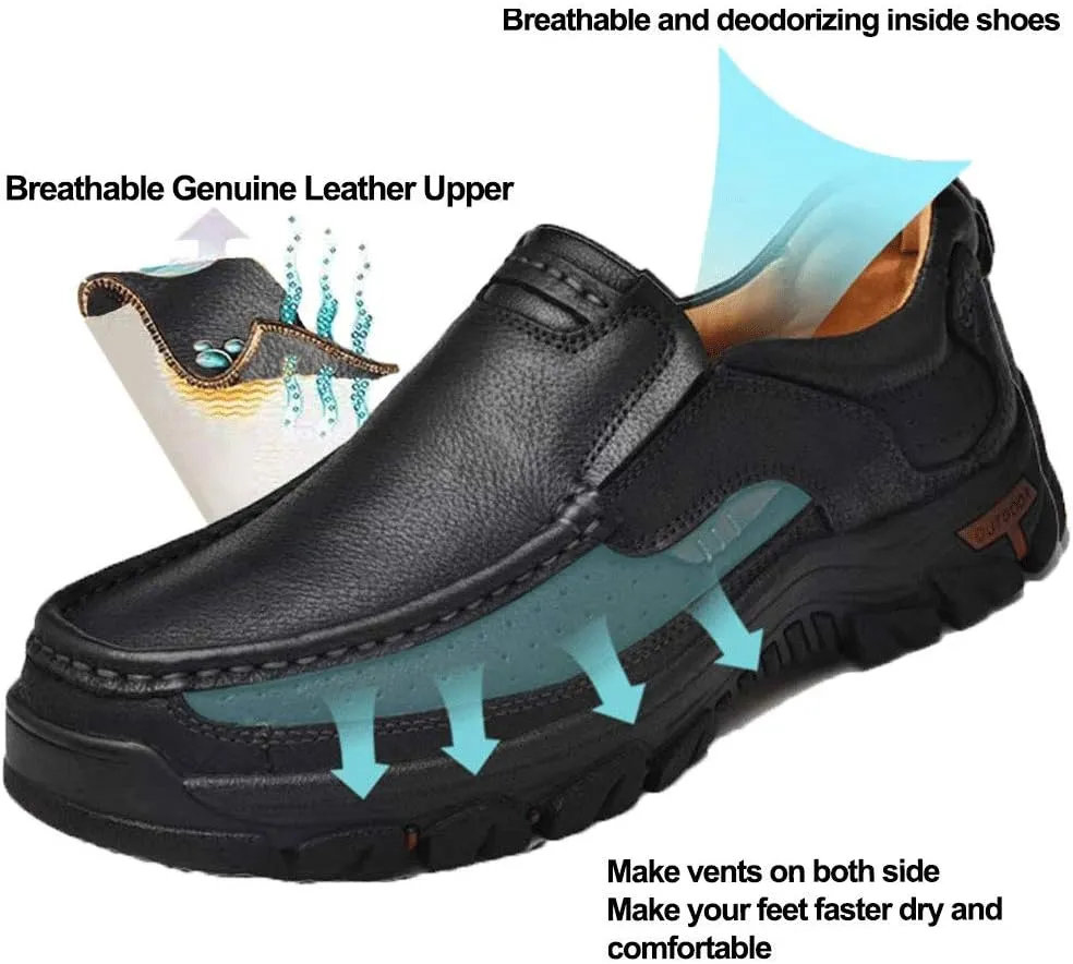 YONGJIA Men's Classic Outdoor Leather Non-Slip Lightweight Breathable Loafers Shoes Hiking Casual Shoes