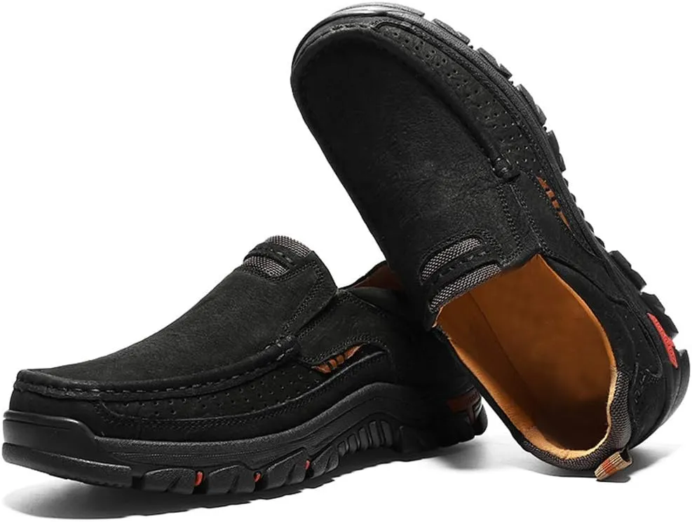 YONGJIA Men's Classic Outdoor Leather Non-Slip Lightweight Breathable Loafers Shoes Hiking Casual Shoes