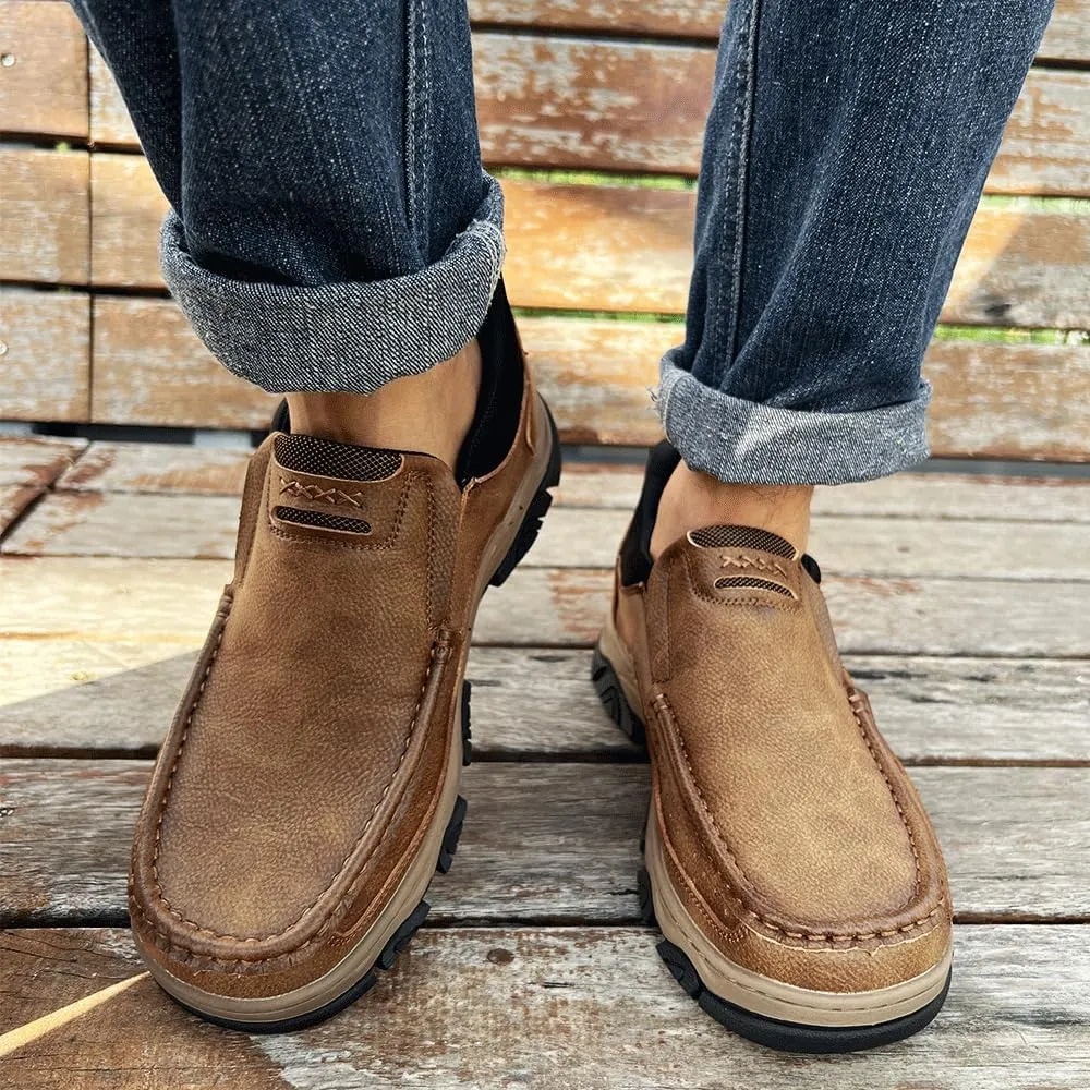 YONGJIA Mens Hands Free Slip in Loafers Walking Slip on Leather Casual Comfortable Breathable Shoes